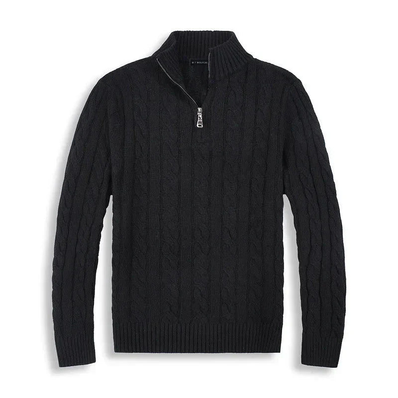 Pull torsadé homme noir à col camionneur zippé — photo source temporaire à remplacer