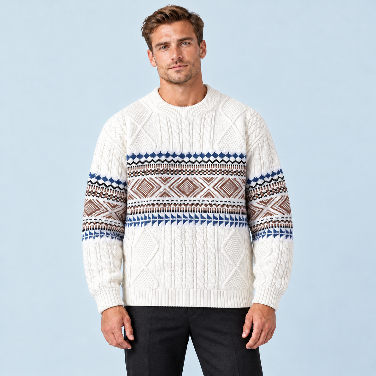 Pull homme torsadé à motif nordique et col rond — blanc face