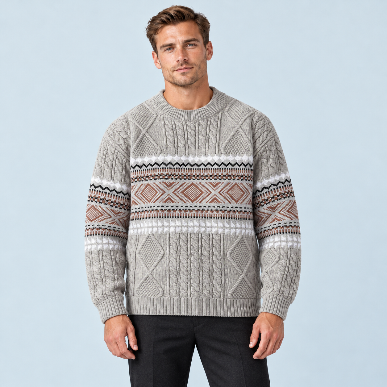Pull homme torsadé à motif nordique et col rond — gris face
