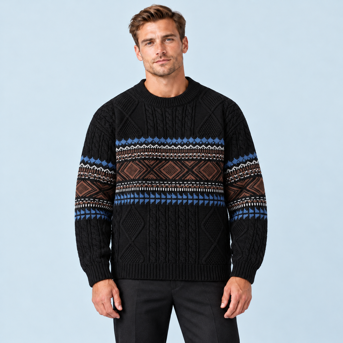 Pull homme torsadé à motif nordique et col rond — noir face