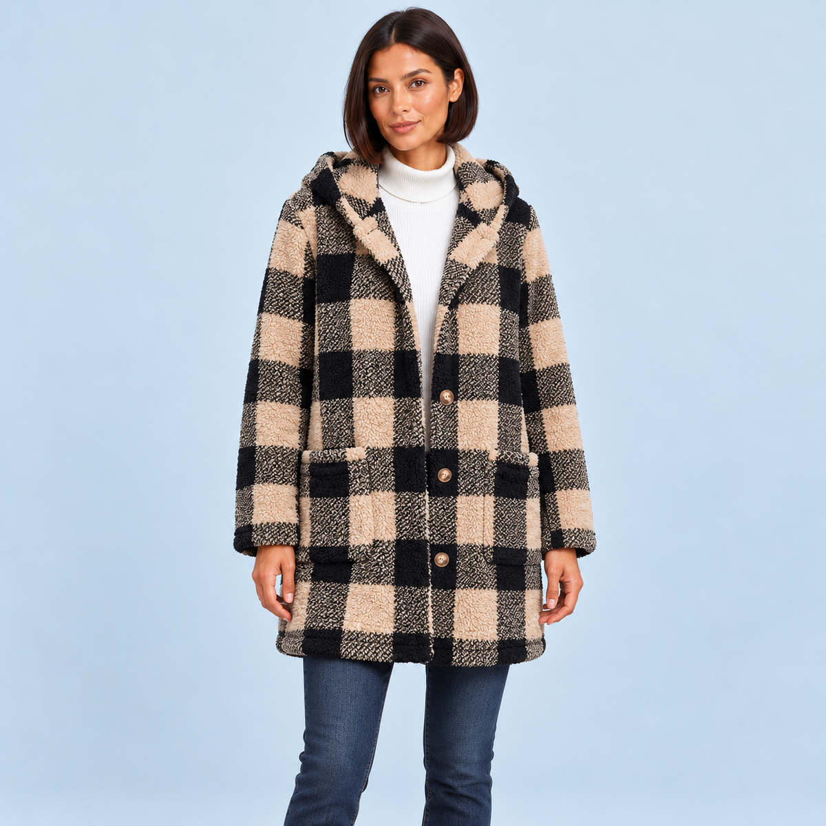Manteau à carreaux à capuche — abricot, face avec mannequin