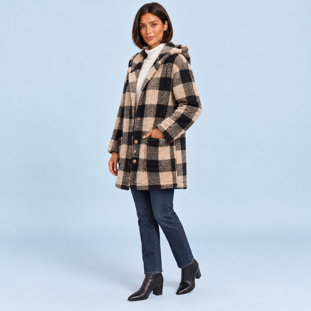 Manteau à carreaux à capuche — abricot, trois quarts