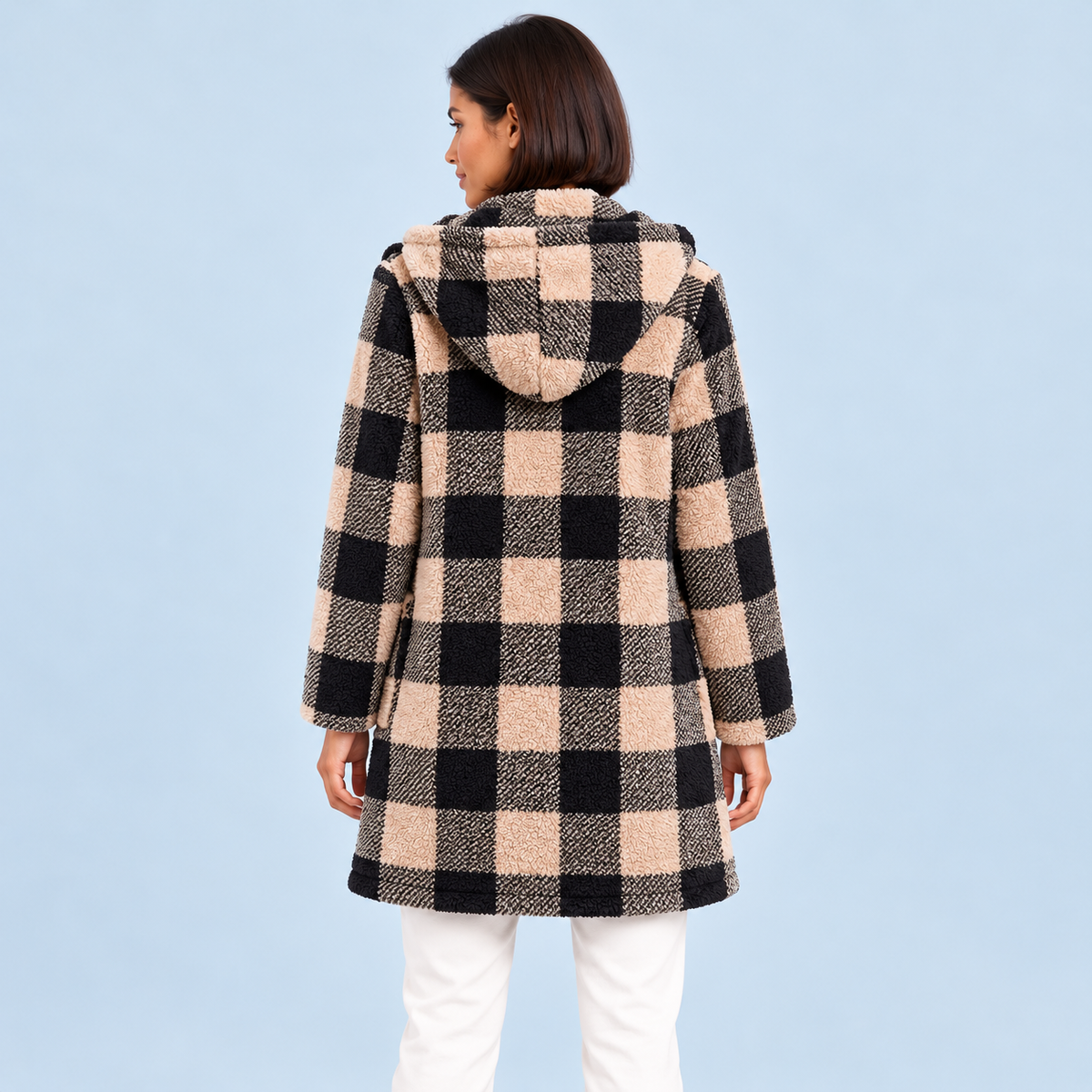 Manteau à carreaux à capuche — abricot, dos avec mannequin