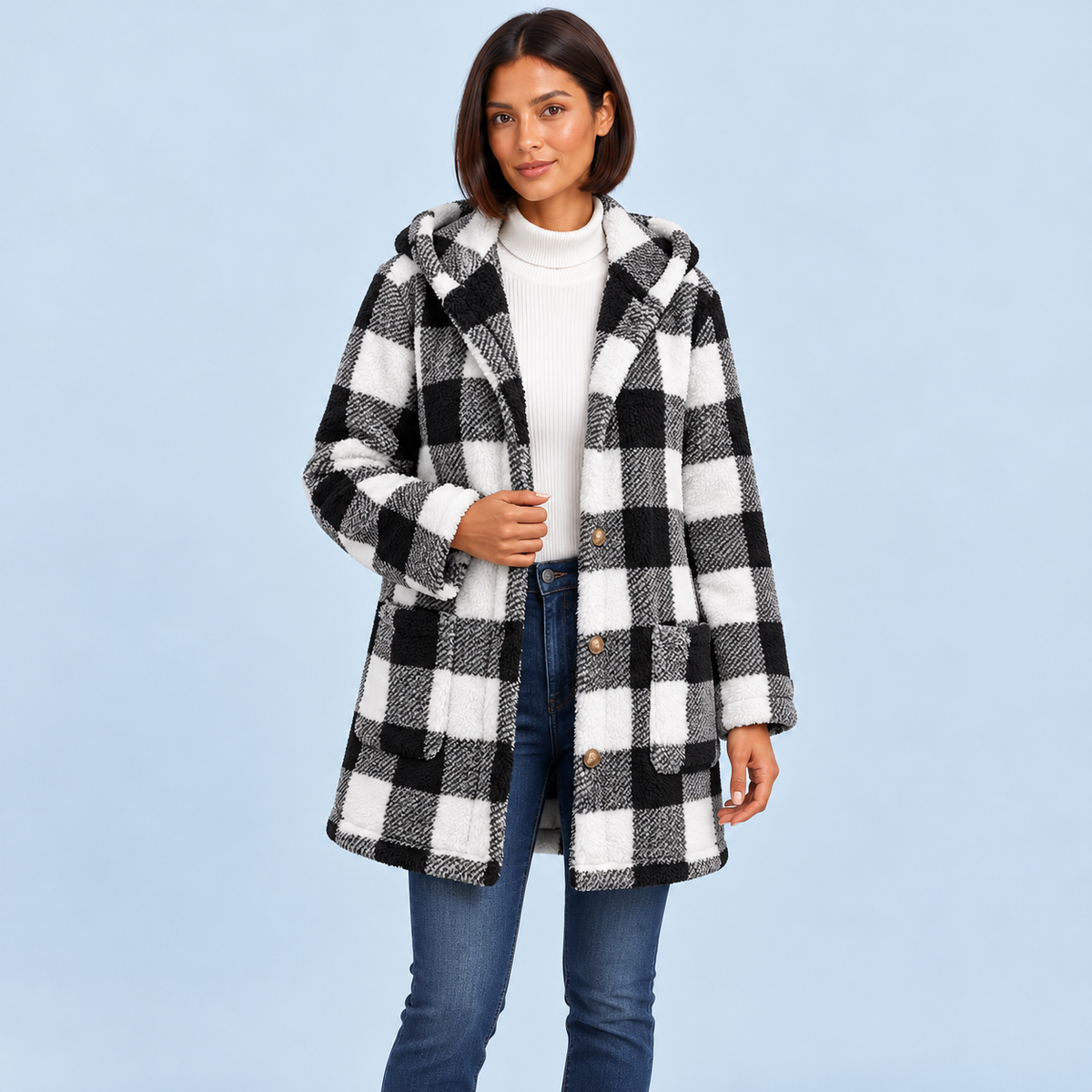 Manteau à carreaux à capuche — noir et blanc, face avec mannequin