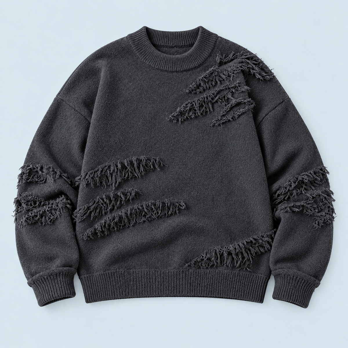 Pull homme à détails effilochés et col rond — gris-plat-face