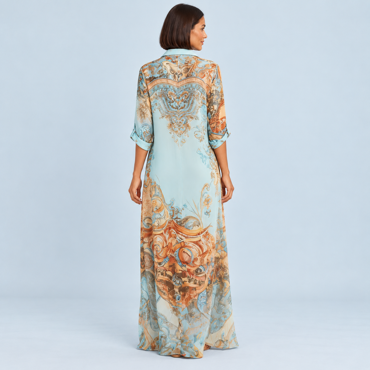 Robe chemise longue femme à imprimé baroque — bleu — vue de dos