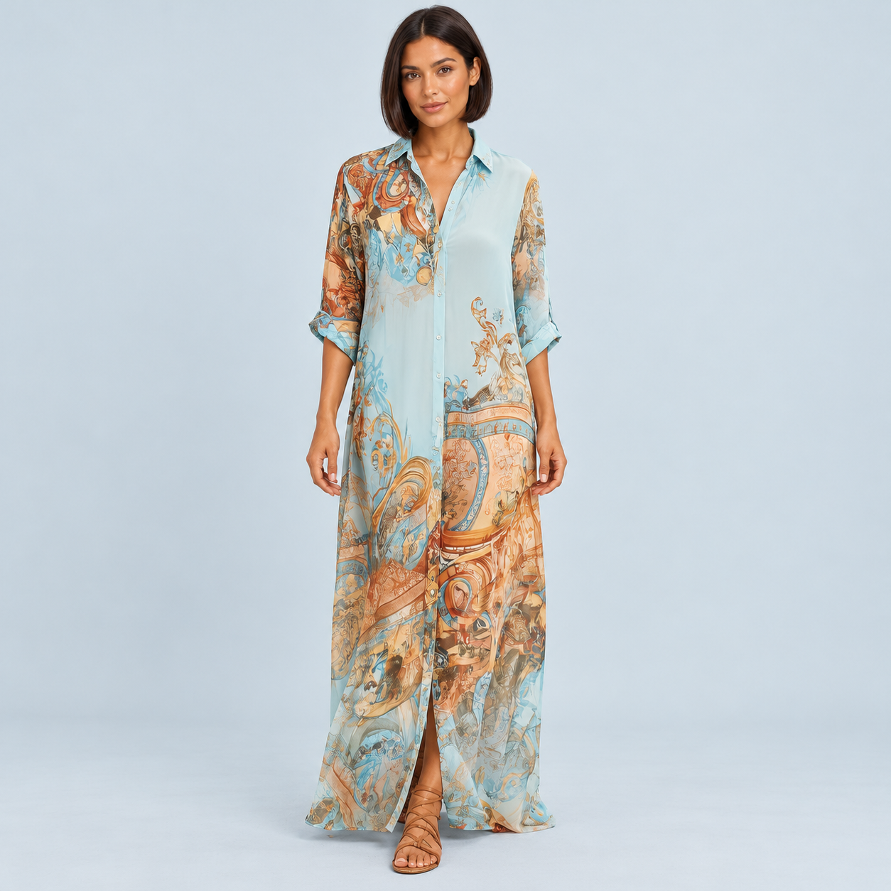 Robe chemise longue femme à imprimé baroque — bleu — vue de face