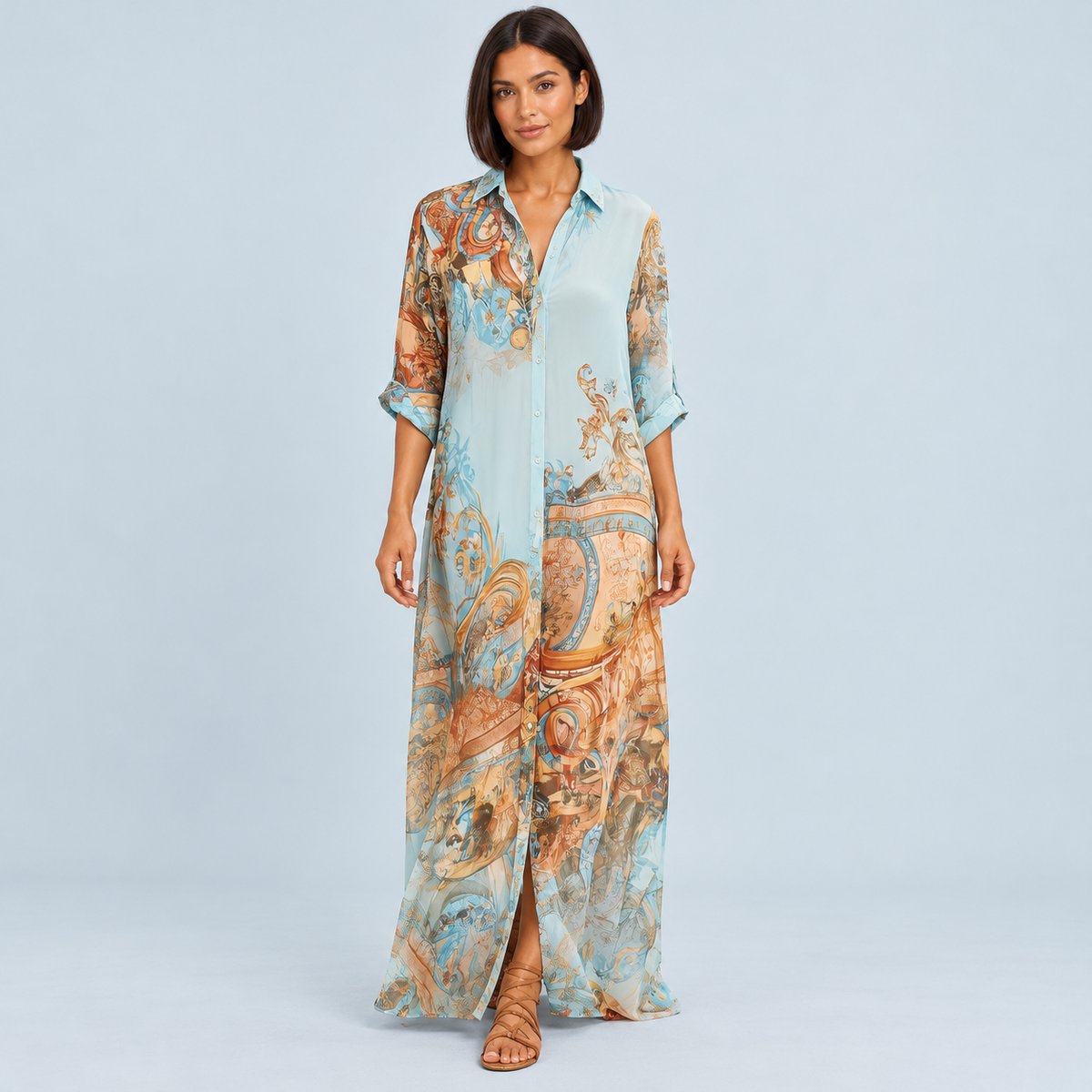 Robe chemise longue femme à imprimé baroque — bleu — vue de face