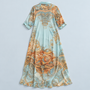 Robe chemise longue femme à imprimé baroque — bleu — vue de dos à plat