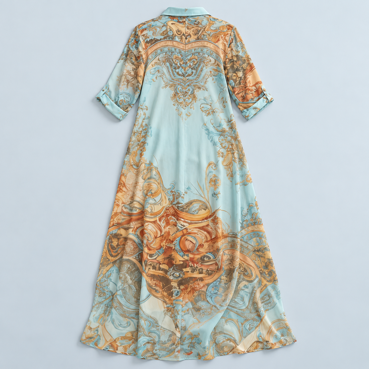 Robe chemise longue femme à imprimé baroque — bleu — vue de dos à plat