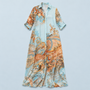 Robe chemise longue femme à imprimé baroque — bleu — vue de face à plat