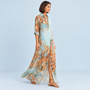 Robe chemise longue femme à imprimé baroque — bleu — vue de profil