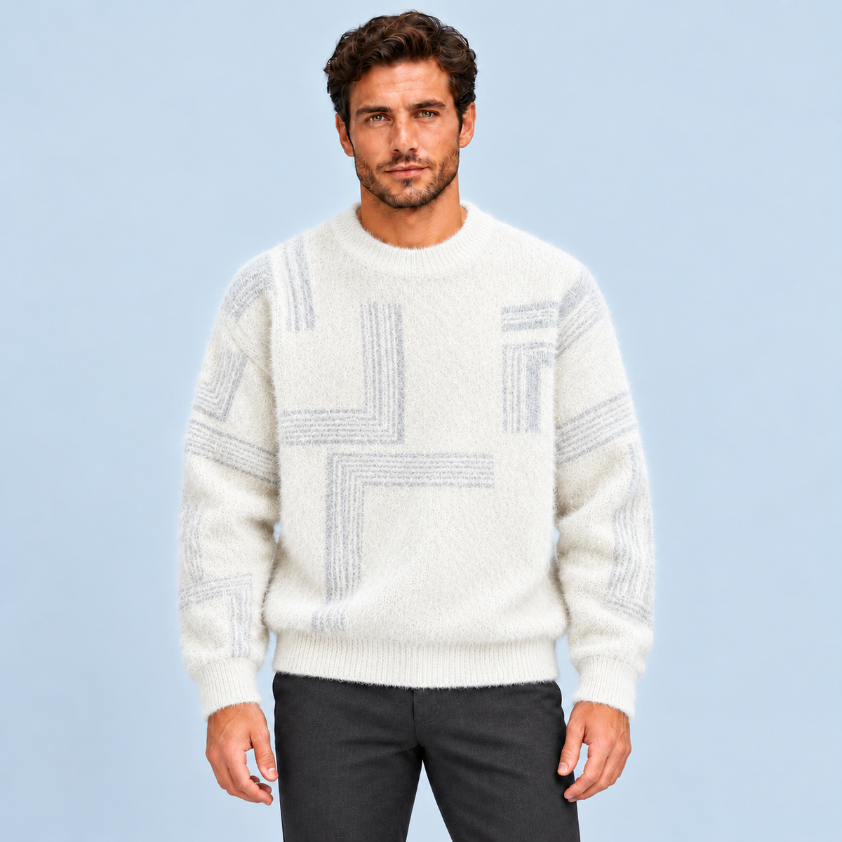 Pull homme en maille duveteuse à motifs géométriques — blanc-face