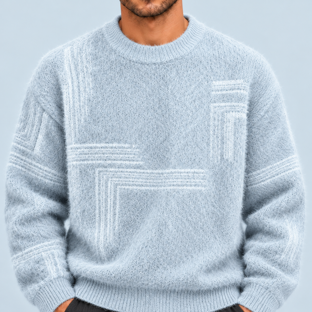 Pull homme en maille duveteuse à motifs géométriques — bleu-clair-detail