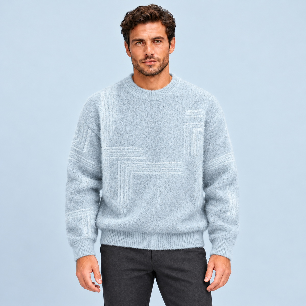 Pull homme en maille duveteuse à motifs géométriques — bleu-clair-face