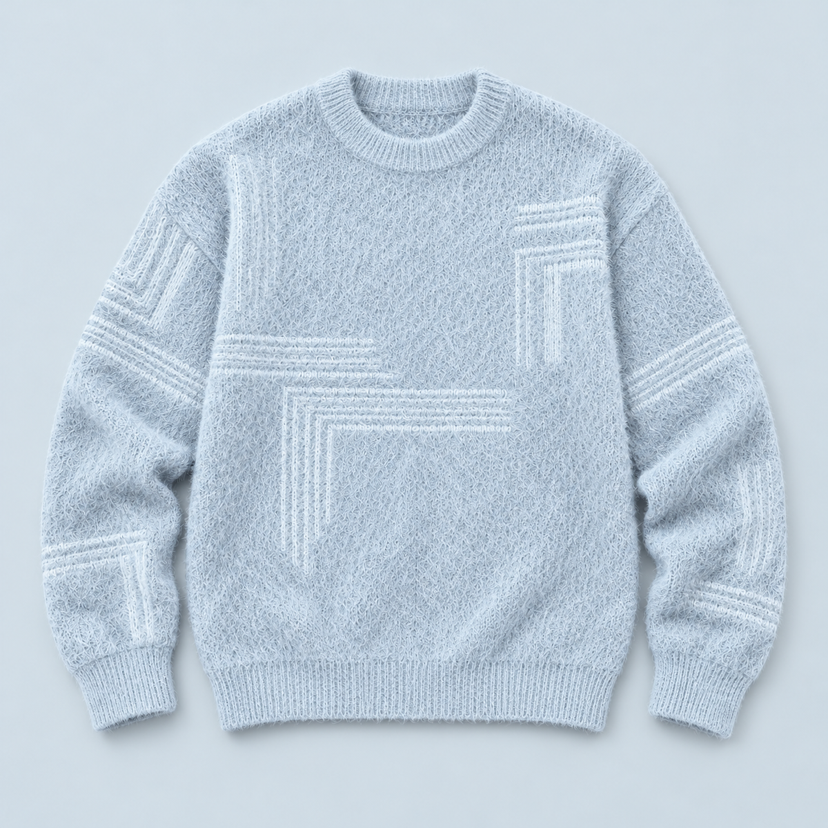 Pull homme en maille duveteuse à motifs géométriques — bleu-clair-plat-face