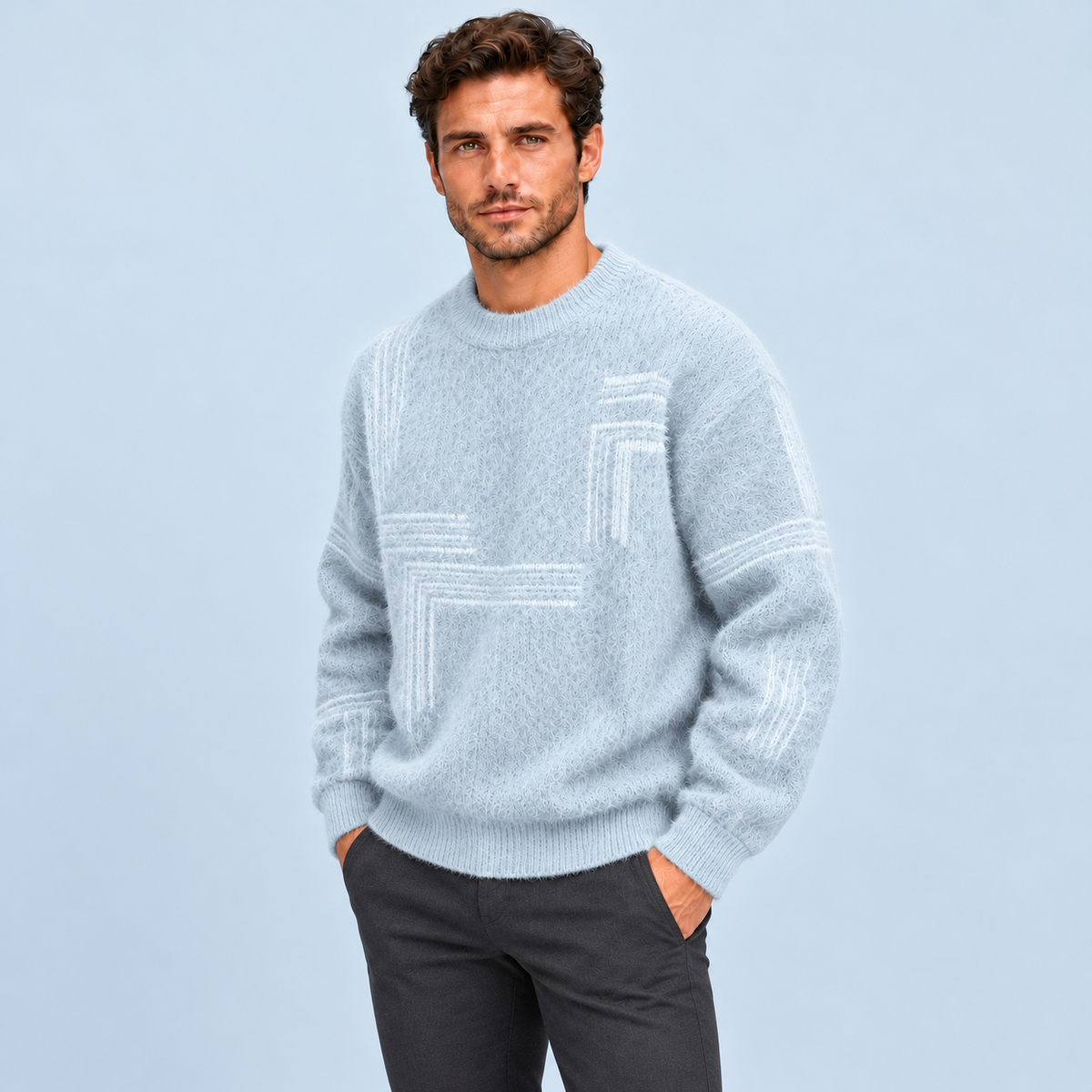 Pull homme en maille duveteuse à motifs géométriques — bleu-clair-trois-quarts