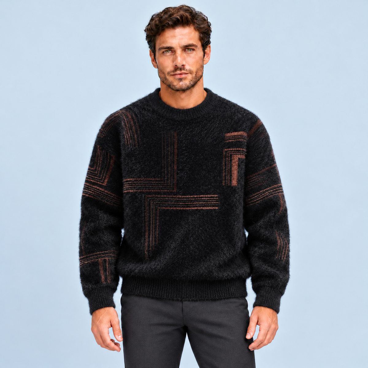 Pull homme en maille duveteuse à motifs géométriques — noir-face