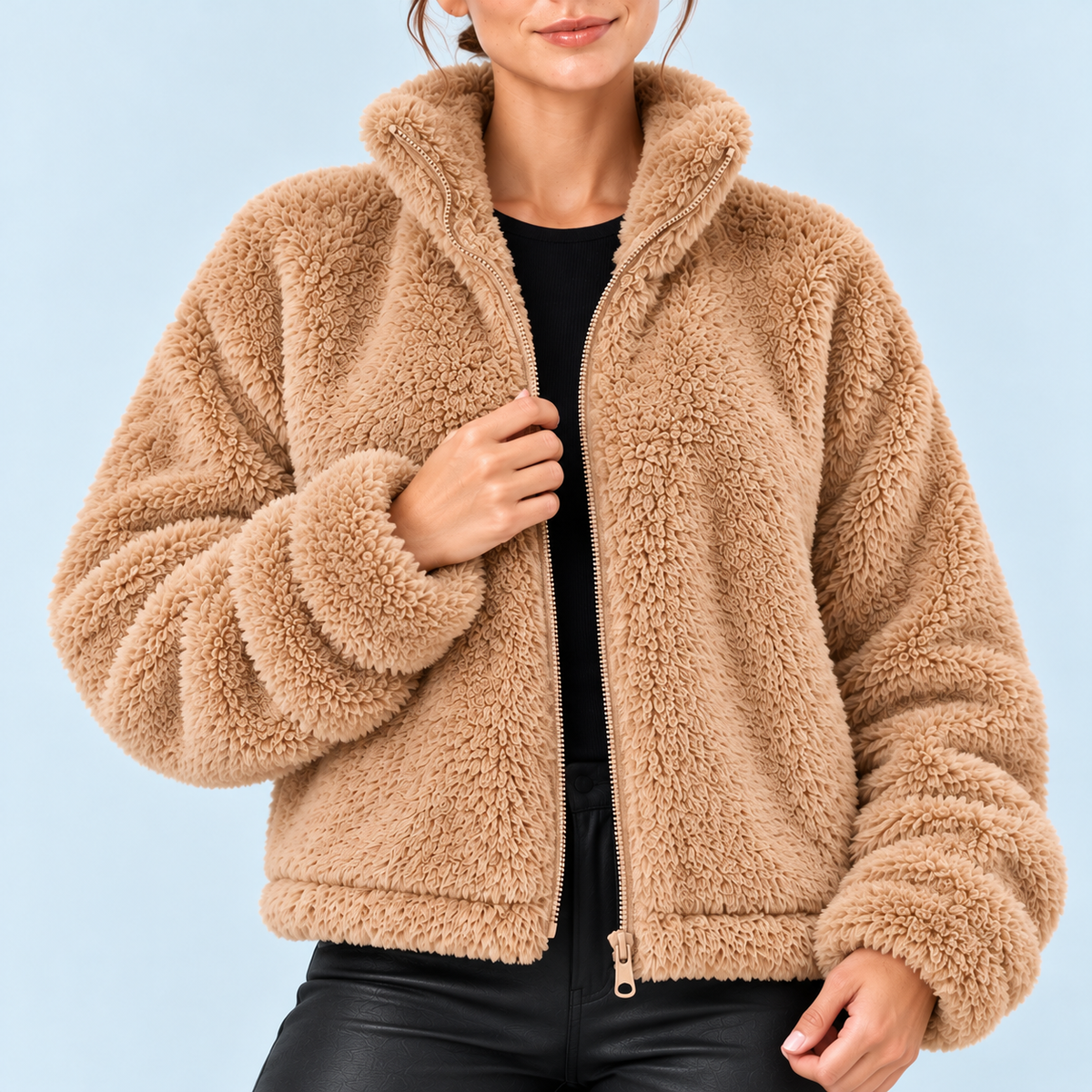 Veste teddy femme à col montant — camel — detail