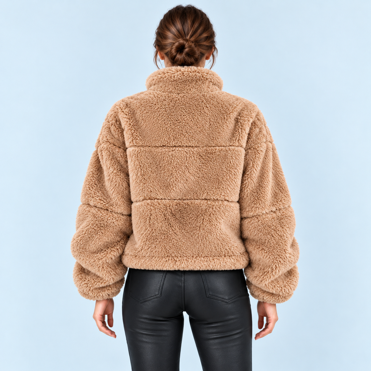 Veste teddy femme à col montant — camel — dos
