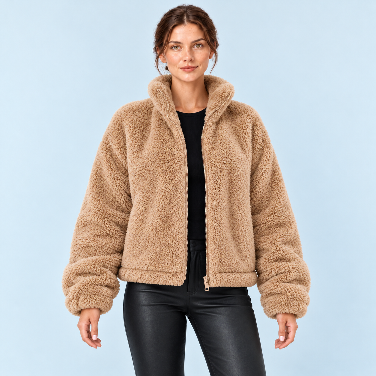 Veste teddy femme à col montant — camel — face