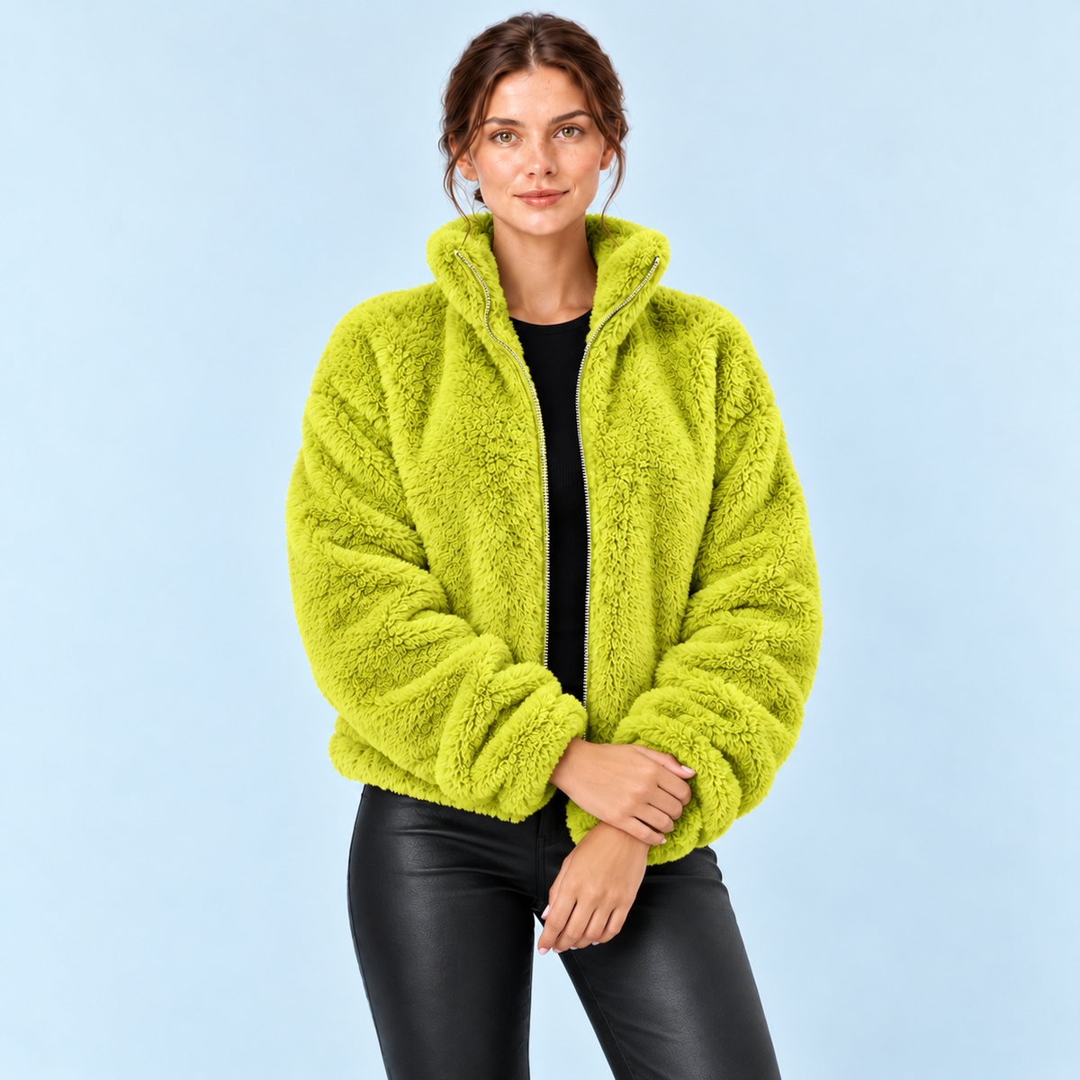 Veste teddy femme à col montant — Jaune citron vert — face