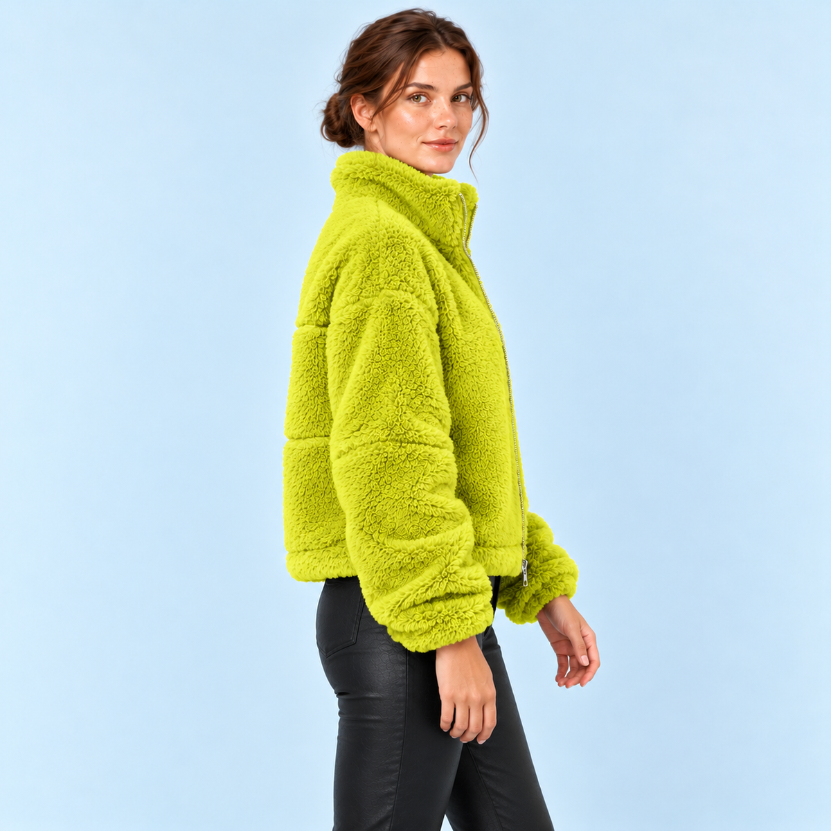 Veste teddy femme à col montant — Jaune citron vert — profil