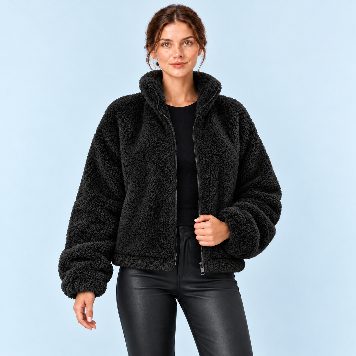 Veste teddy femme à col montant — noir — face