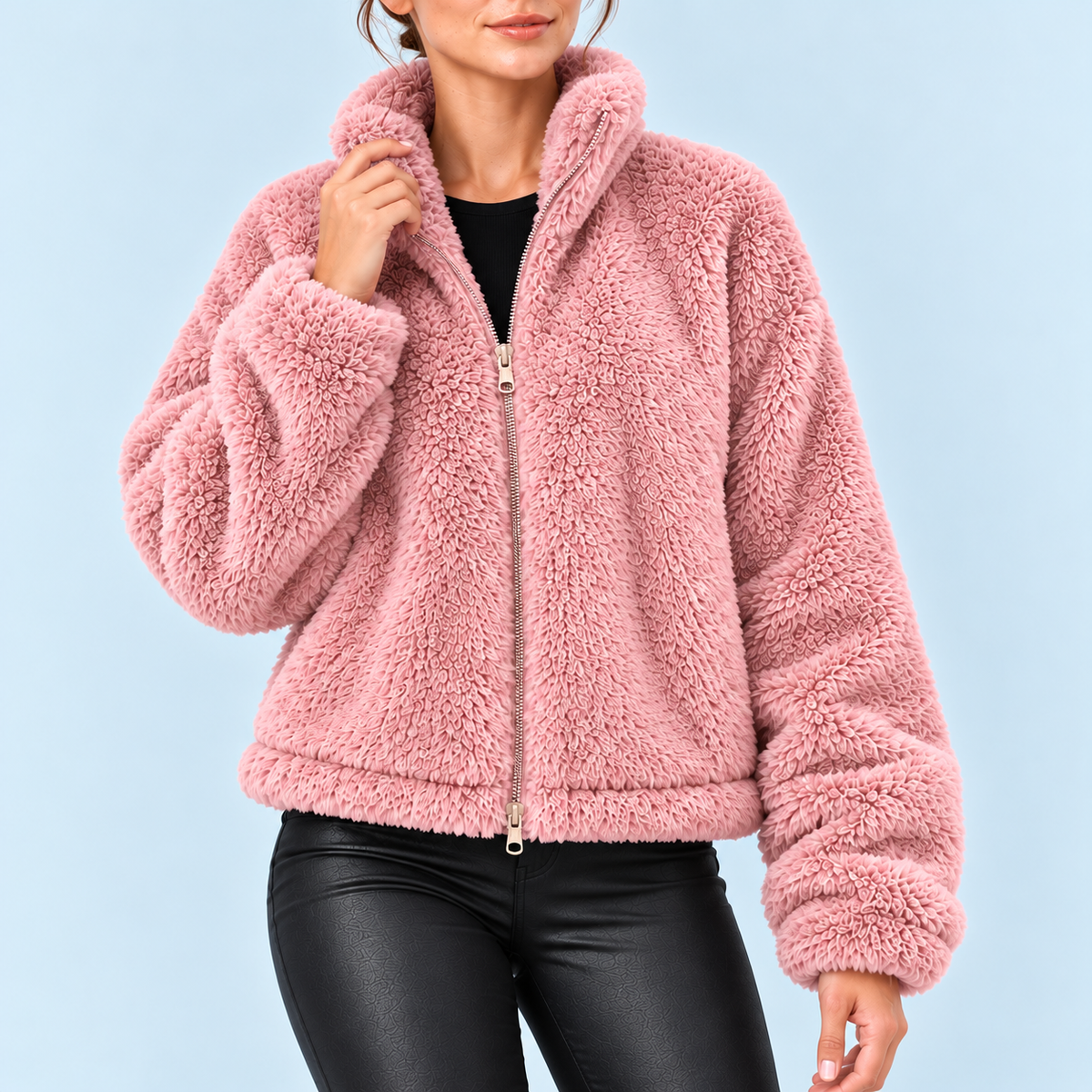 Veste teddy femme à col montant — rose — detail