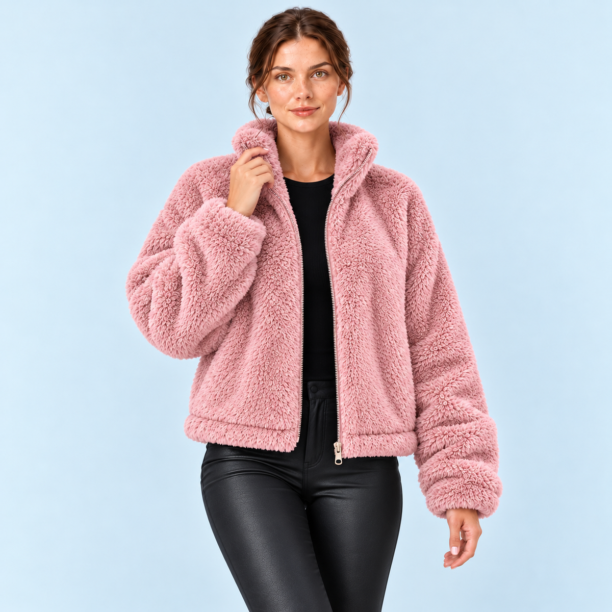 Veste teddy femme à col montant — rose — face