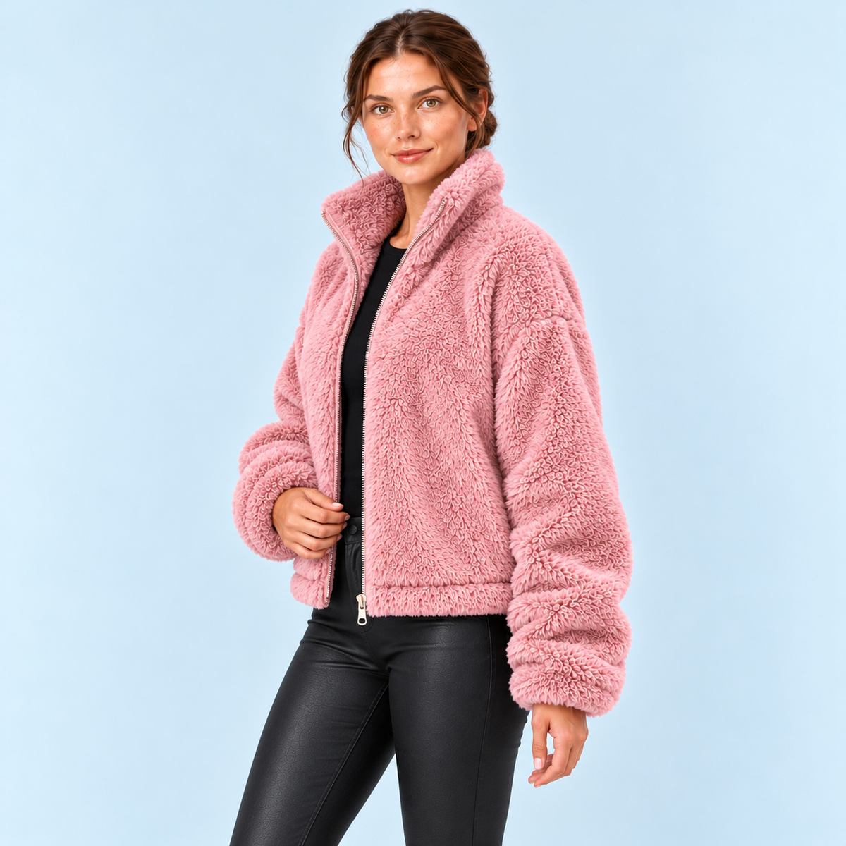 Veste teddy femme à col montant — rose — profil