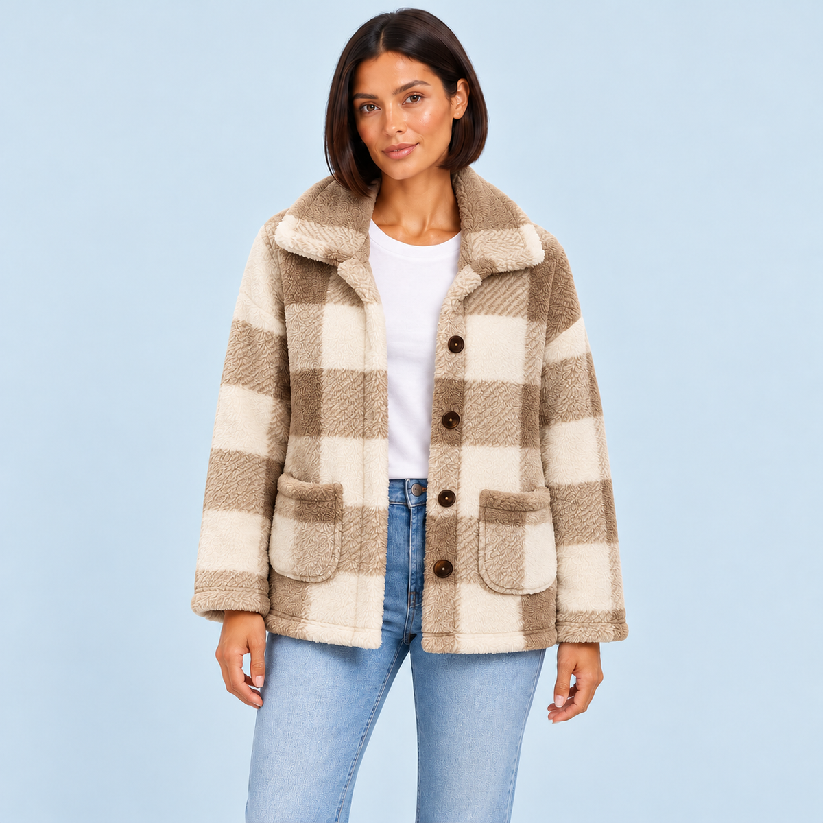 Veste femme en teddy à carreaux et poches plaquées — marron-face