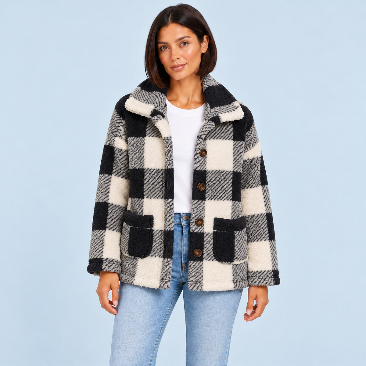 Veste femme en teddy à carreaux et poches plaquées — noir-face