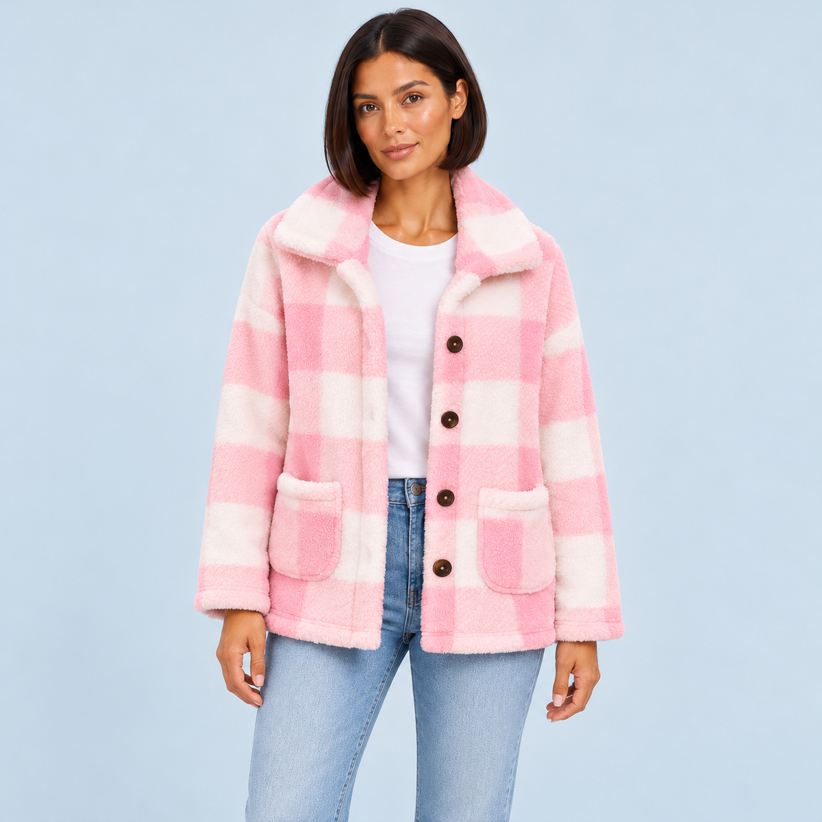 Veste femme en teddy à carreaux et poches plaquées — rose-face