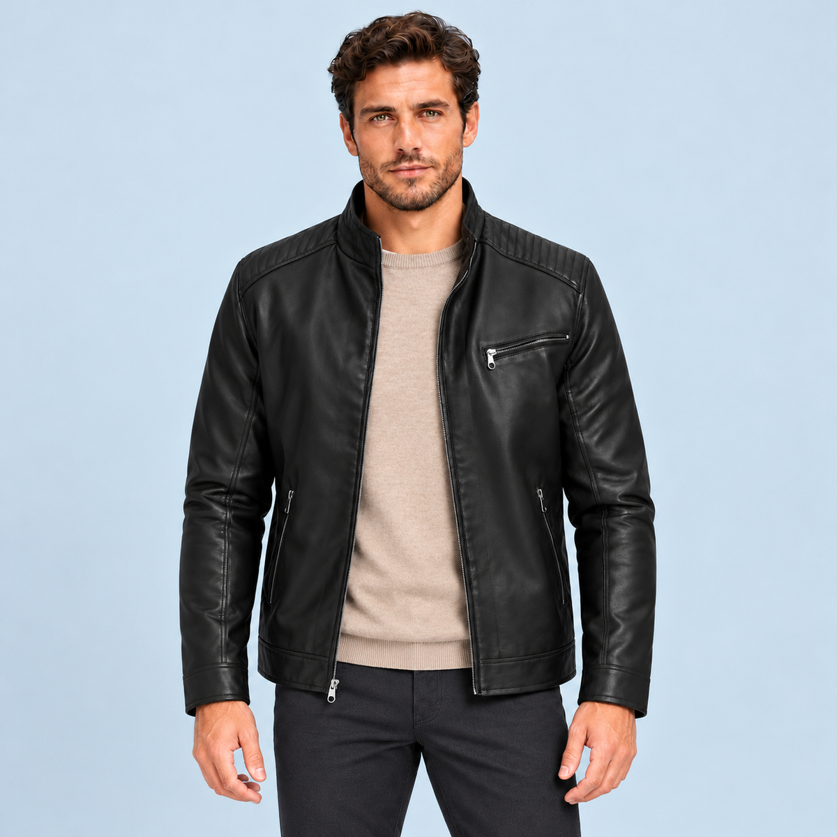 Blouson homme en similicuir à col montant — Noir — vue de face