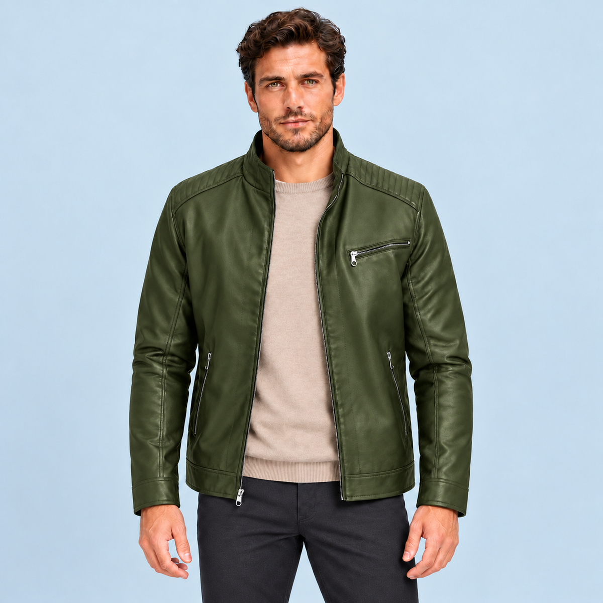 Blouson homme en similicuir à col montant — Vert — vue de face