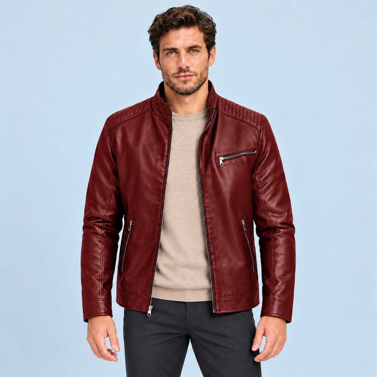 Blouson homme en similicuir à col montant — Rouge — vue de face