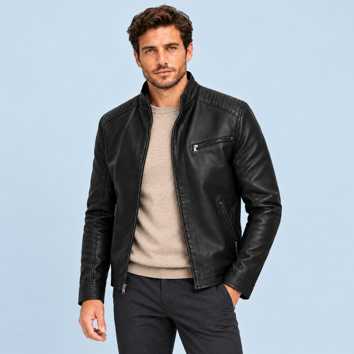 Blouson homme en similicuir à col montant — Noir — vue de trois quarts