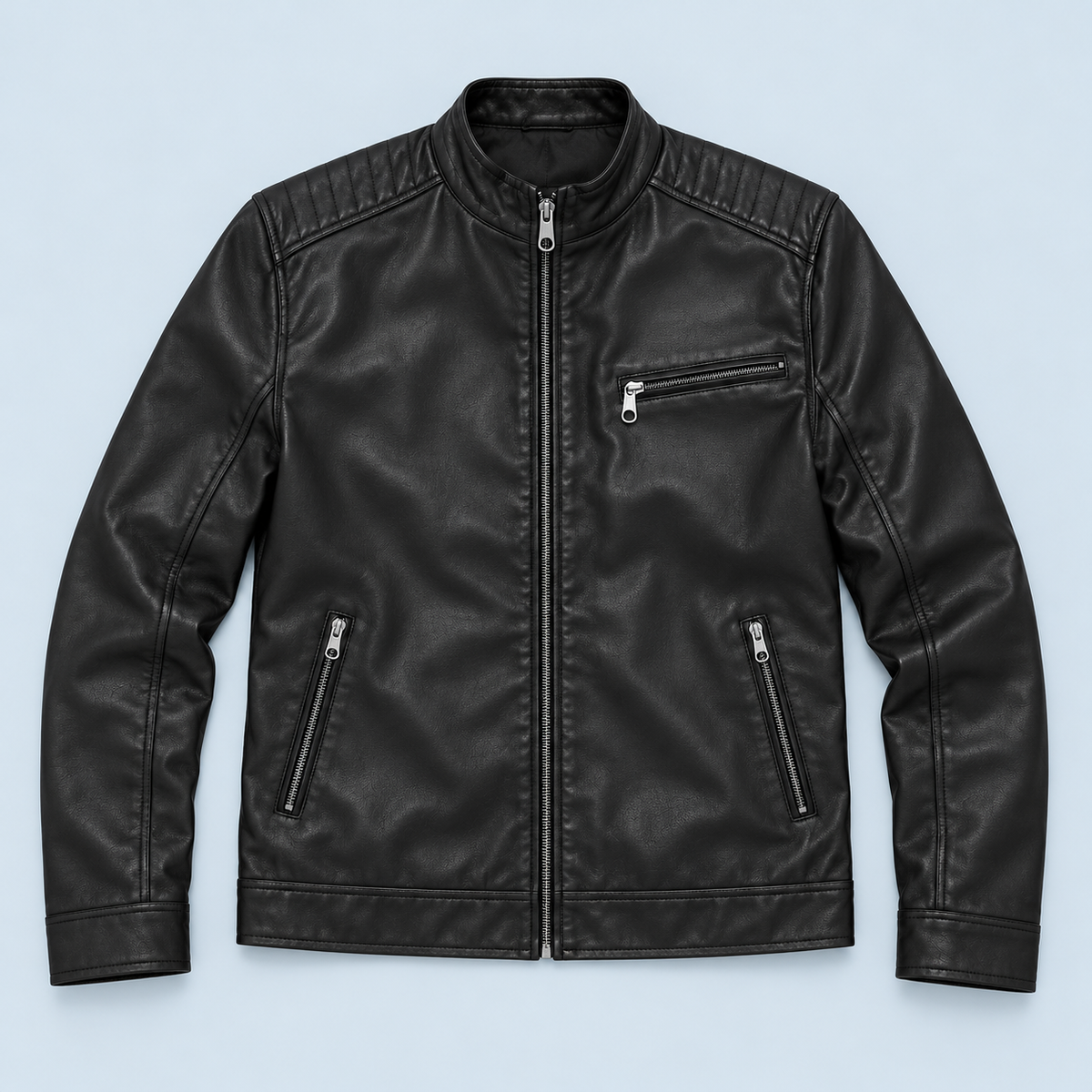 Blouson homme en similicuir à col montant — Noir — vue de face à plat