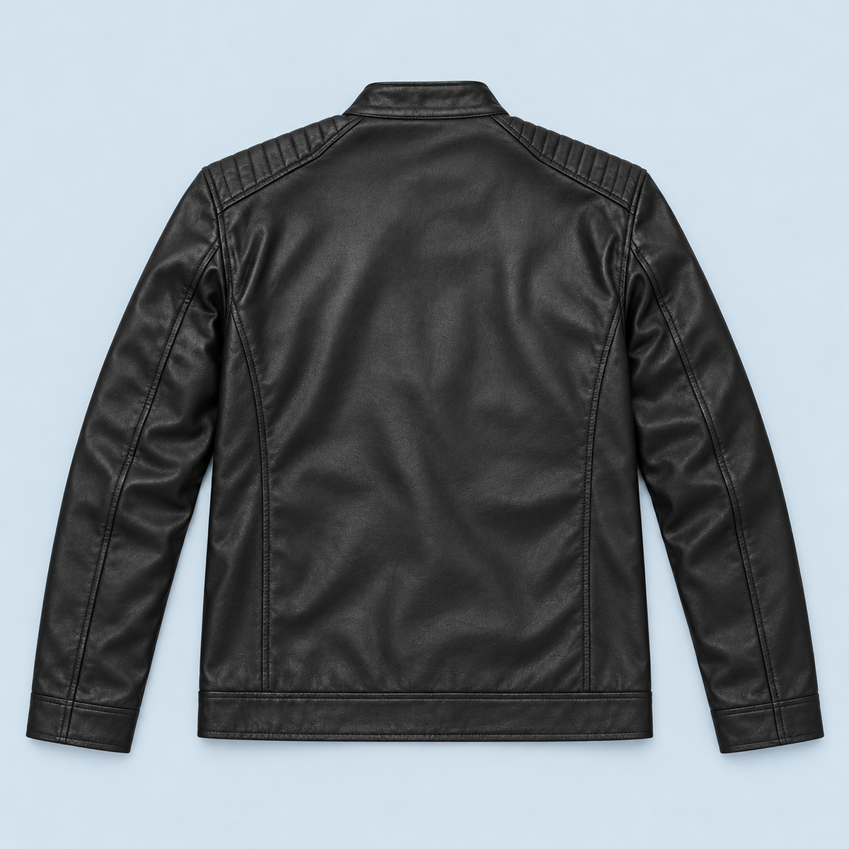 Blouson homme en similicuir à col montant — Noir — dos à plat reconstitué — détails à vérifier