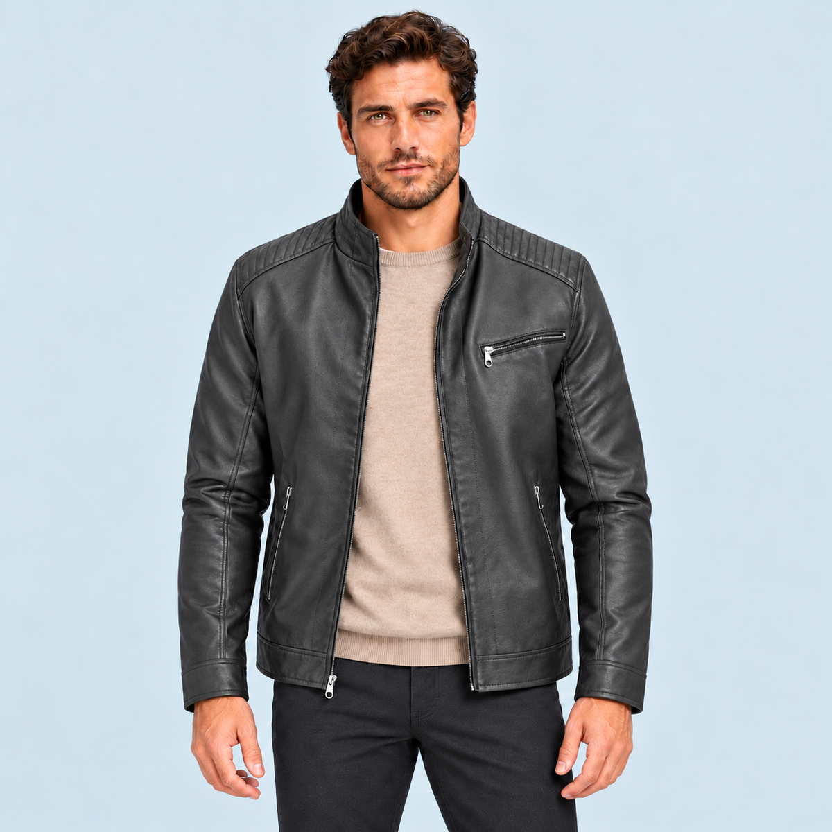 Blouson homme en similicuir à col montant — Gris — vue de face