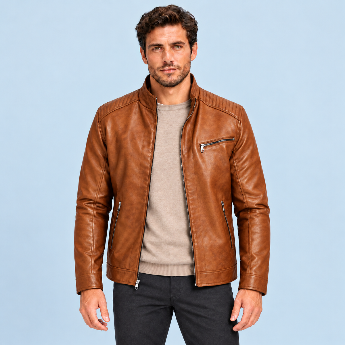Blouson homme en similicuir à col montant — Camel — vue de face