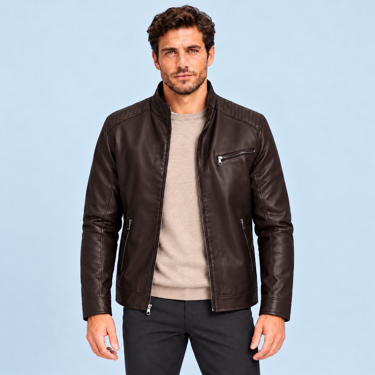 Blouson homme en similicuir à col montant — Marron foncé — vue de face