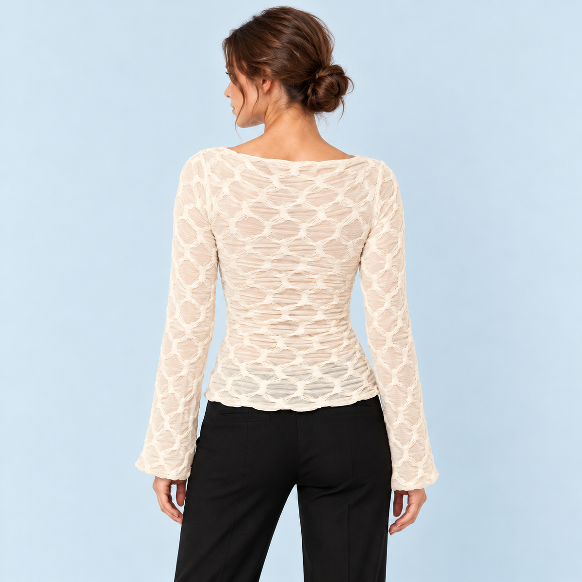Top femme texturé à manches longues beige — dos