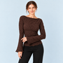 Top femme texturé à manches longues marron foncé — face