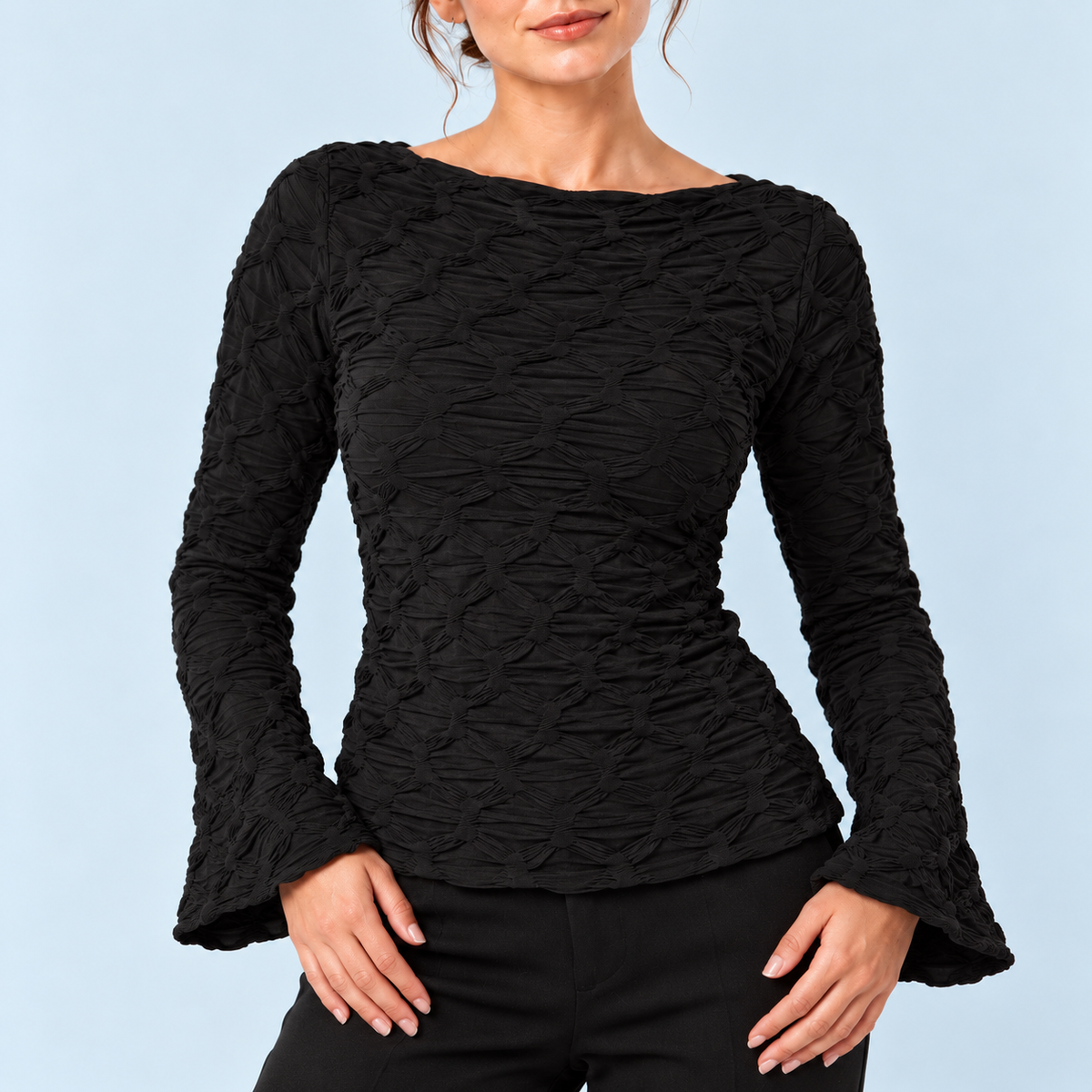 Top femme texturé à manches longues noir — detail