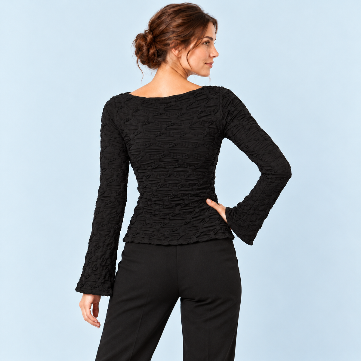 Top femme texturé à manches longues noir — dos