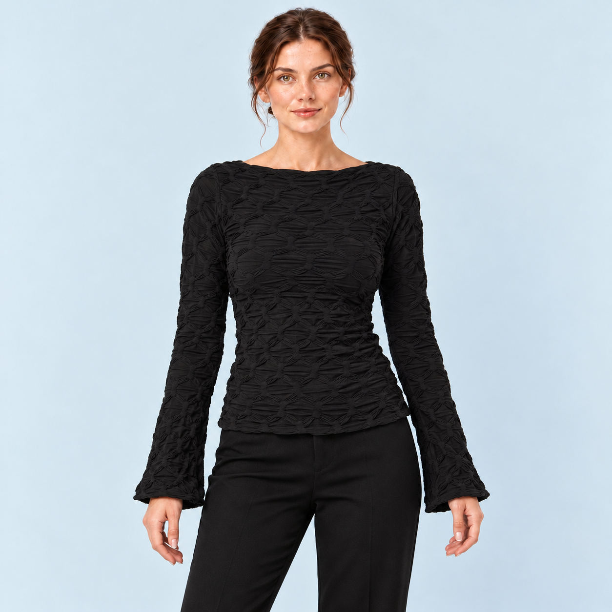 Top femme texturé à manches longues noir — face