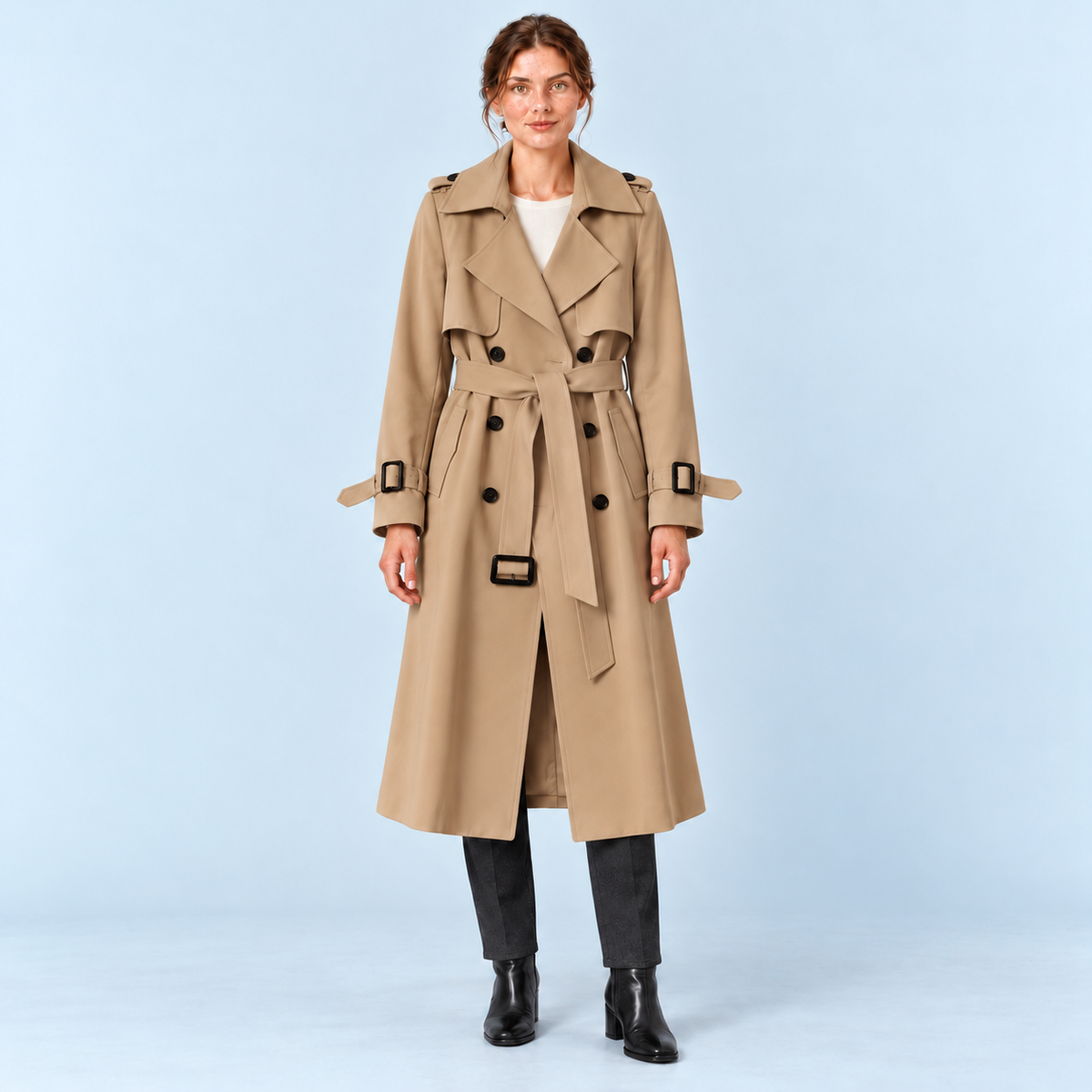 Trench long femme beige à ceinture et double boutonnage, vue de face