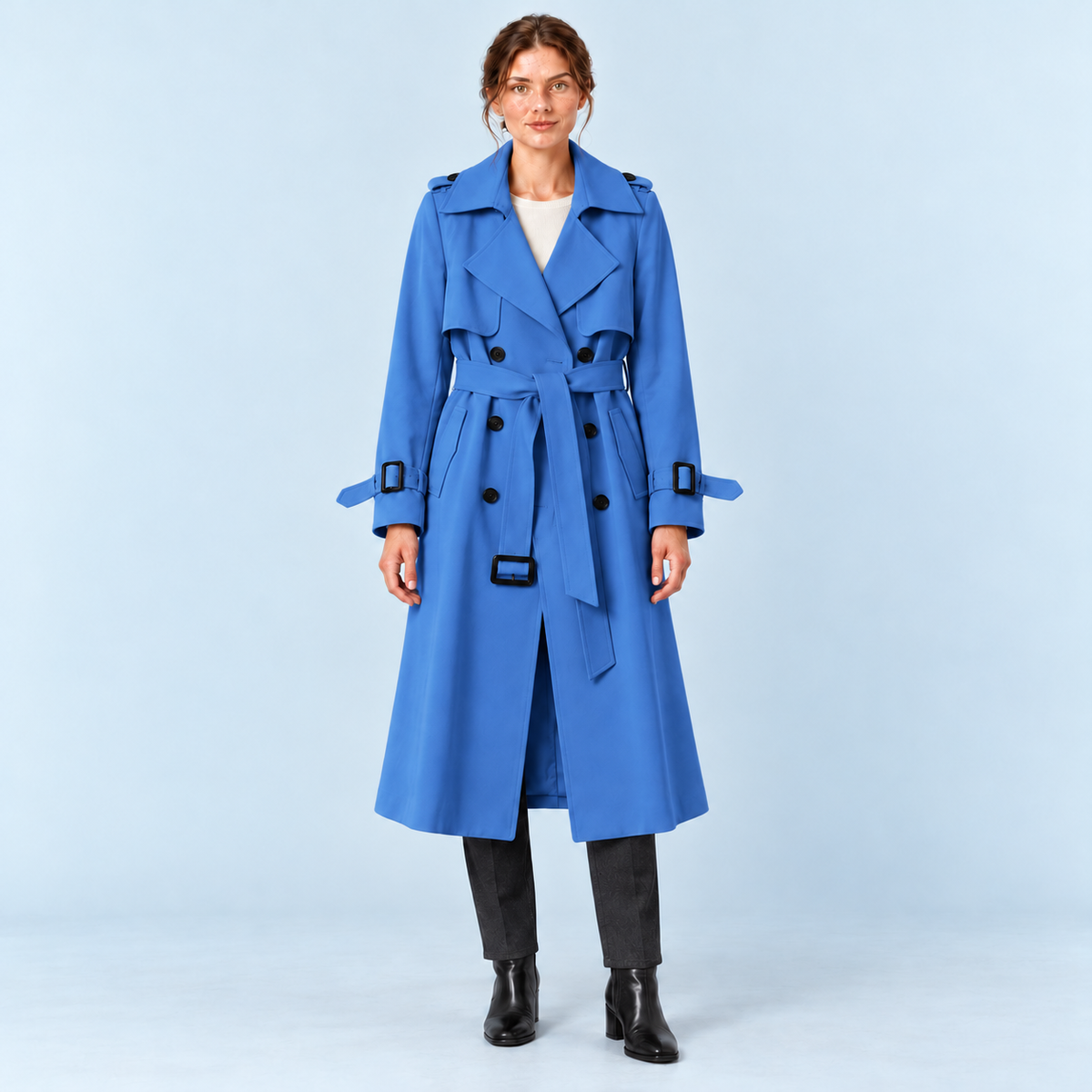 Trench long femme bleu à ceinture et double boutonnage, vue de face
